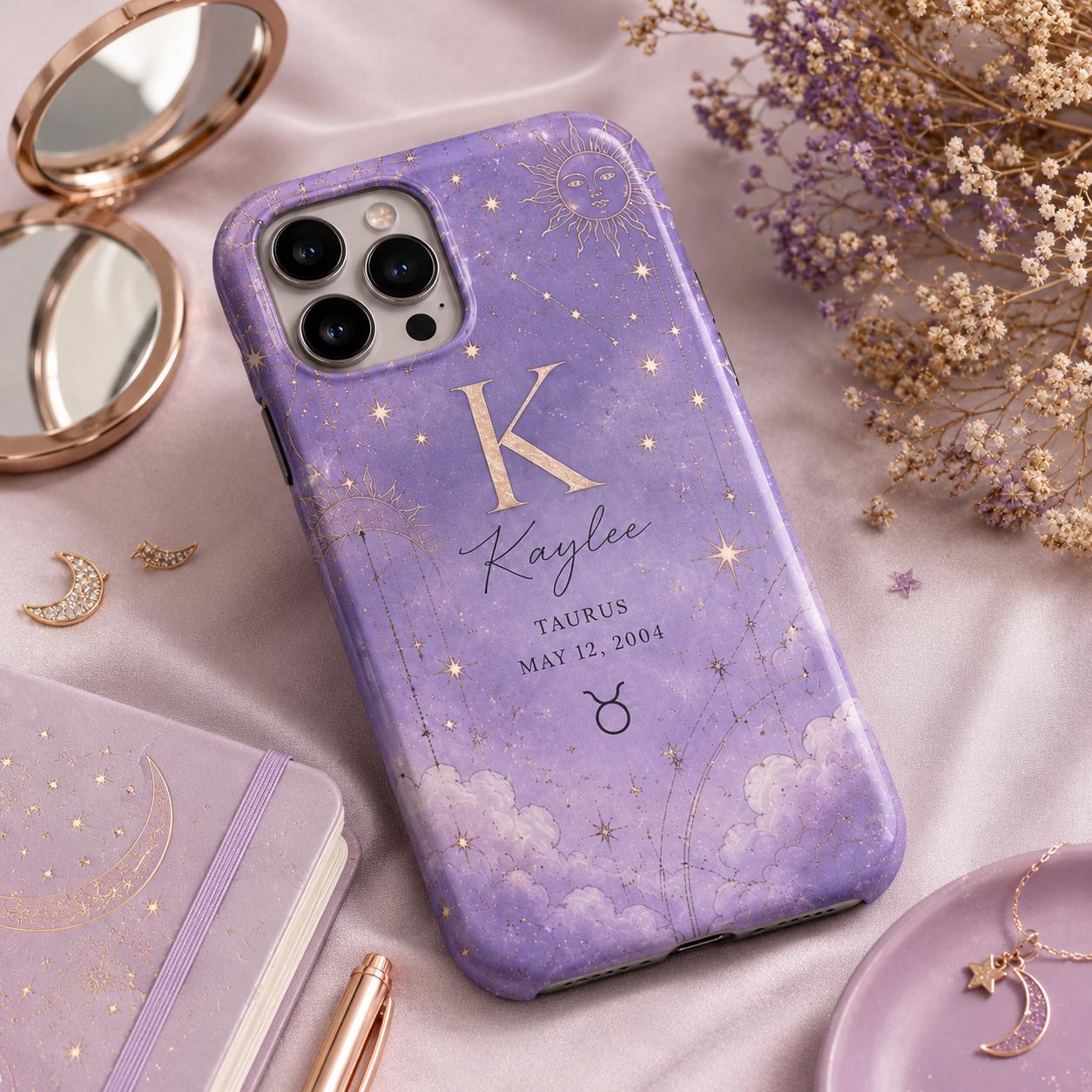 Personalized Zodiac Phone Case, Custom Name Initial Astrology Case, Moon Star Birthday Gift