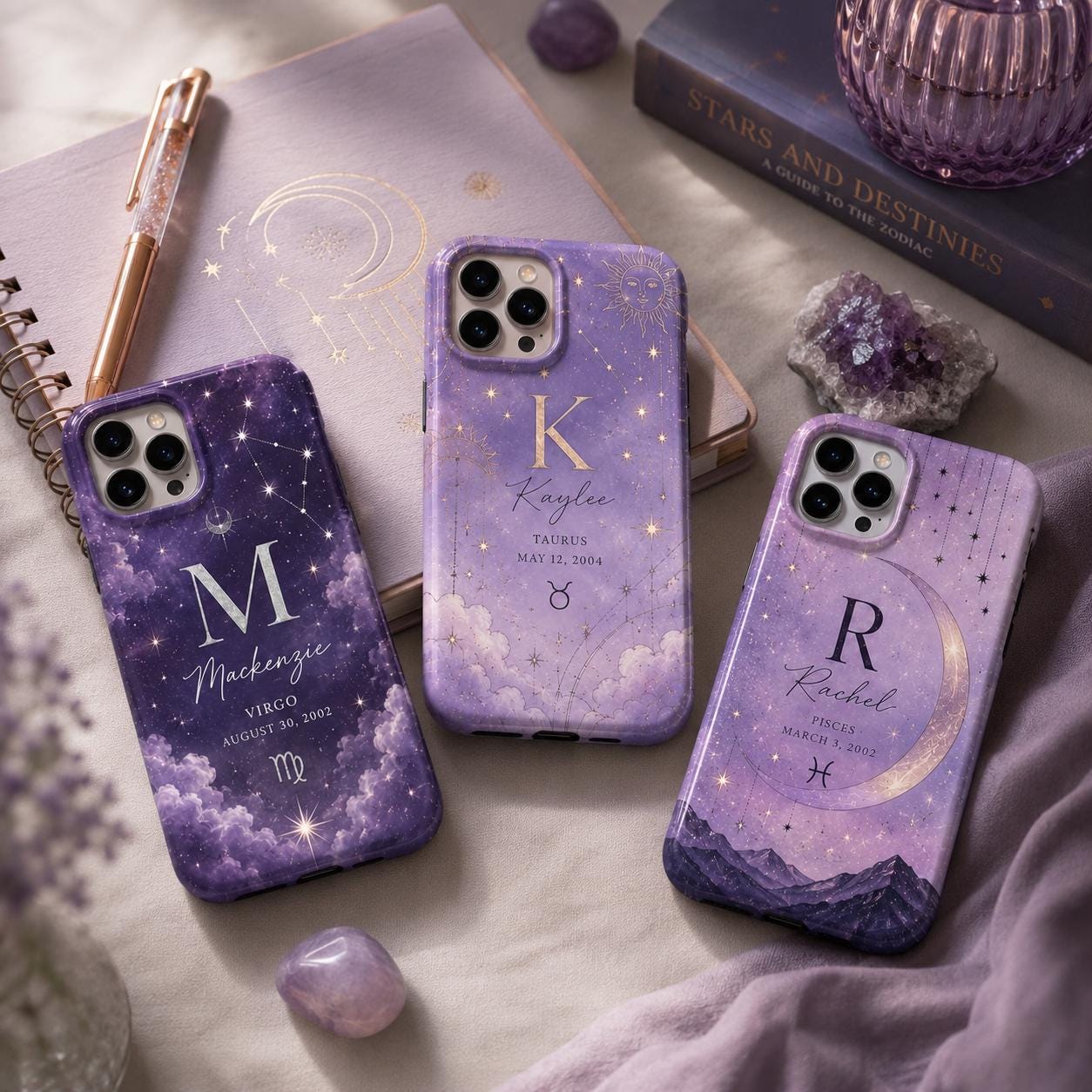 Personalized Zodiac Phone Case, Custom Name Initial Astrology Case, Moon Star Birthday Gift
