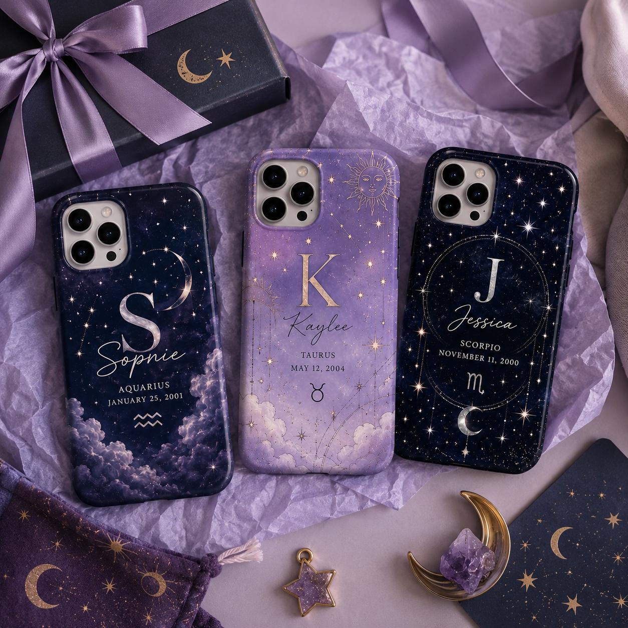 Personalized Zodiac Phone Case, Custom Name Initial Astrology Case, Moon Star Birthday Gift