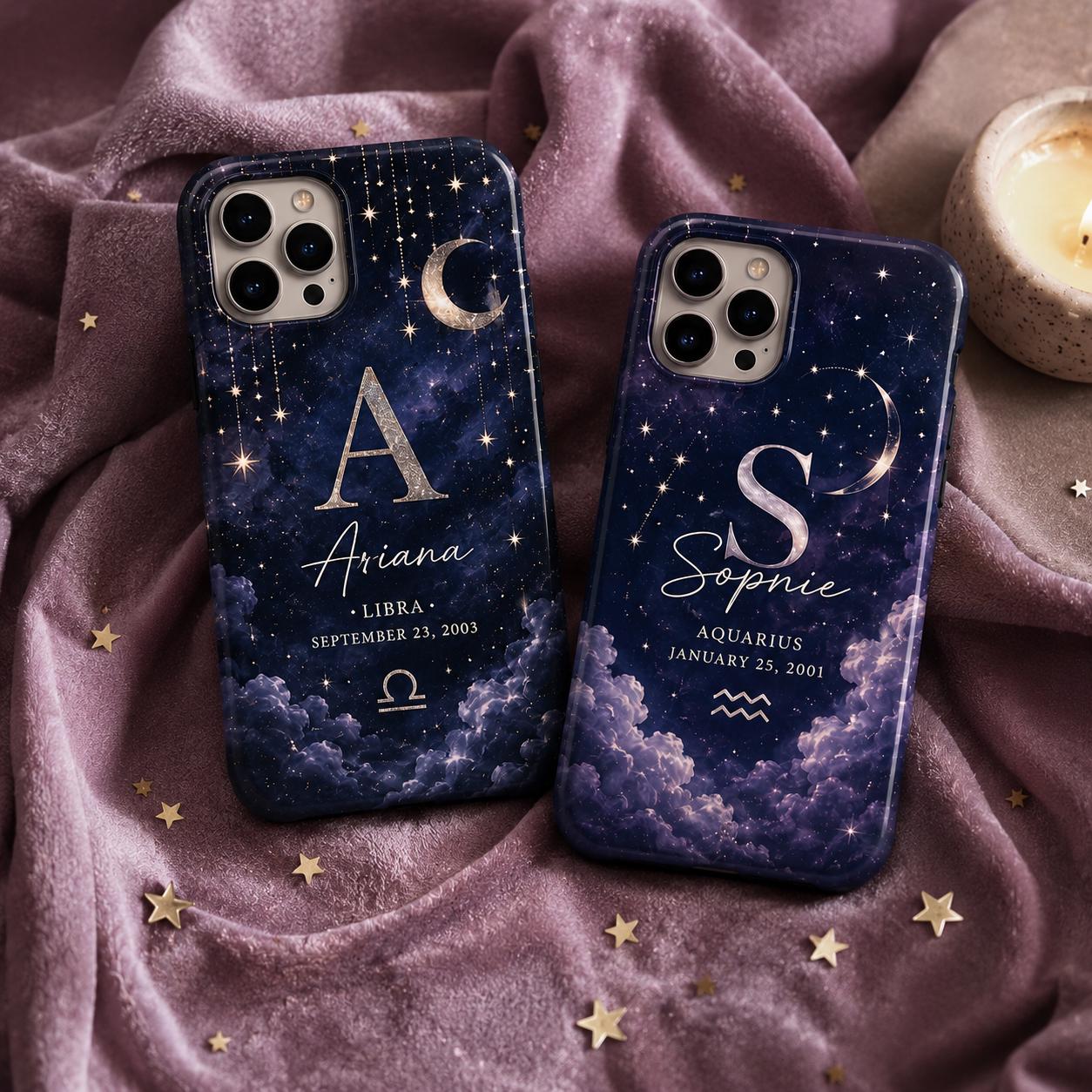 Personalized Zodiac Phone Case, Custom Name Initial Astrology Case, Moon Star Birthday Gift