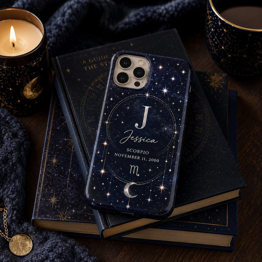 Personalized Zodiac Phone Case, Custom Name Initial Astrology Case, Moon Star Birthday Gift