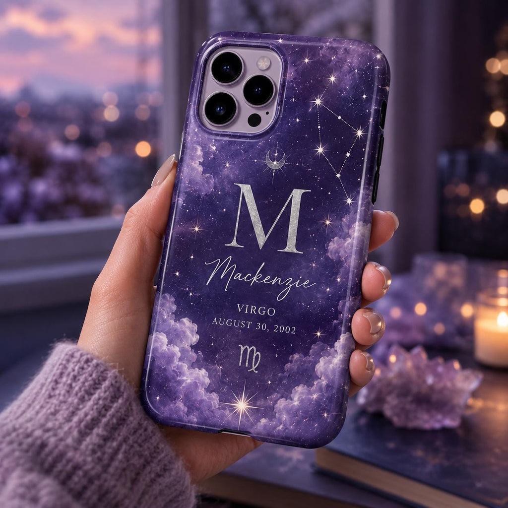 Personalized Zodiac Phone Case, Custom Name Initial Astrology Case, Moon Star Birthday Gift