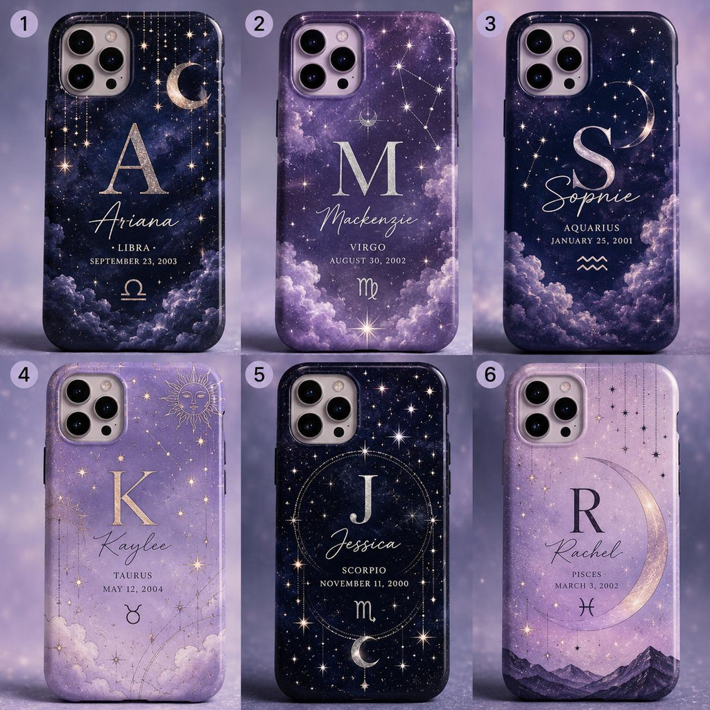 Personalized Zodiac Phone Case, Custom Name Initial Astrology Case, Moon Star Birthday Gift