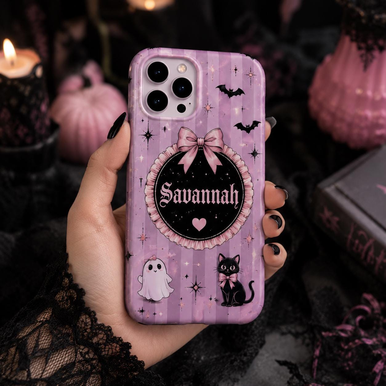 Personalized Gothic Pink Ghost Phone Case, Custom Name Spooky Coquette Style
