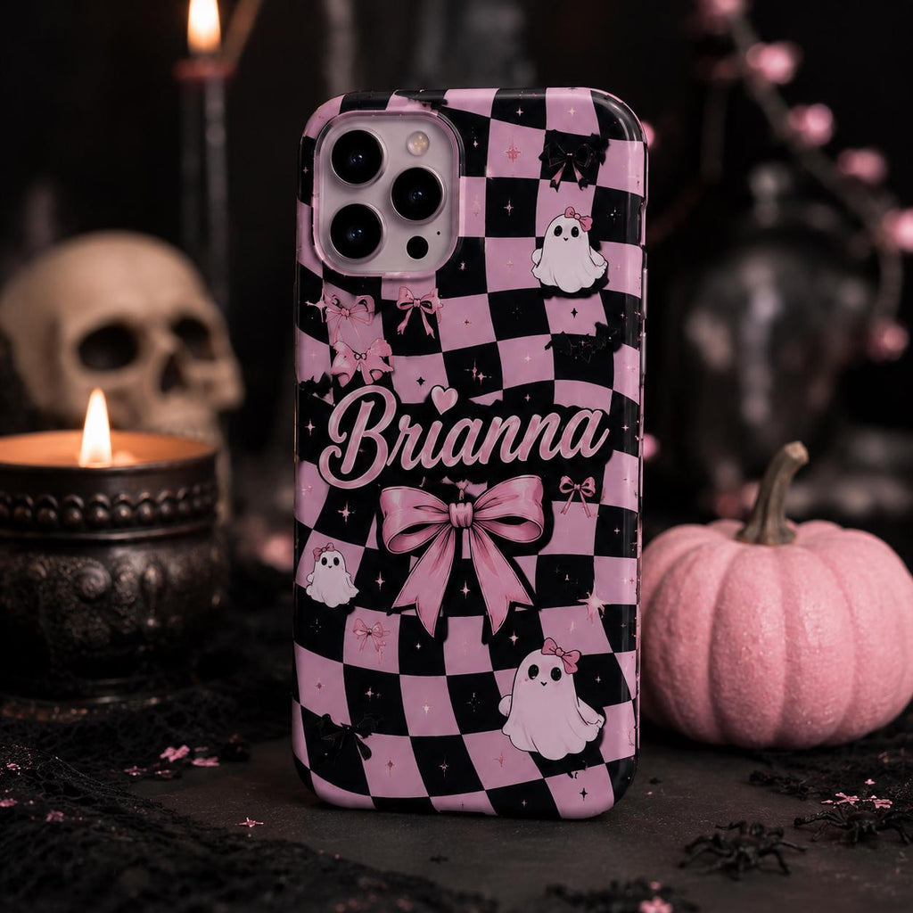 Personalized Gothic Pink Ghost Phone Case, Custom Name Spooky Coquette Style