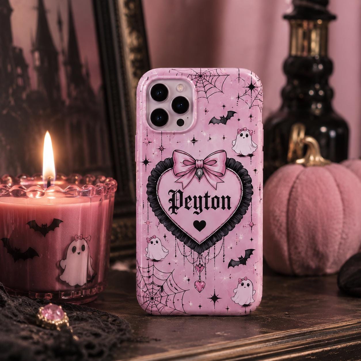 Personalized Gothic Pink Ghost Phone Case, Custom Name Spooky Coquette Style