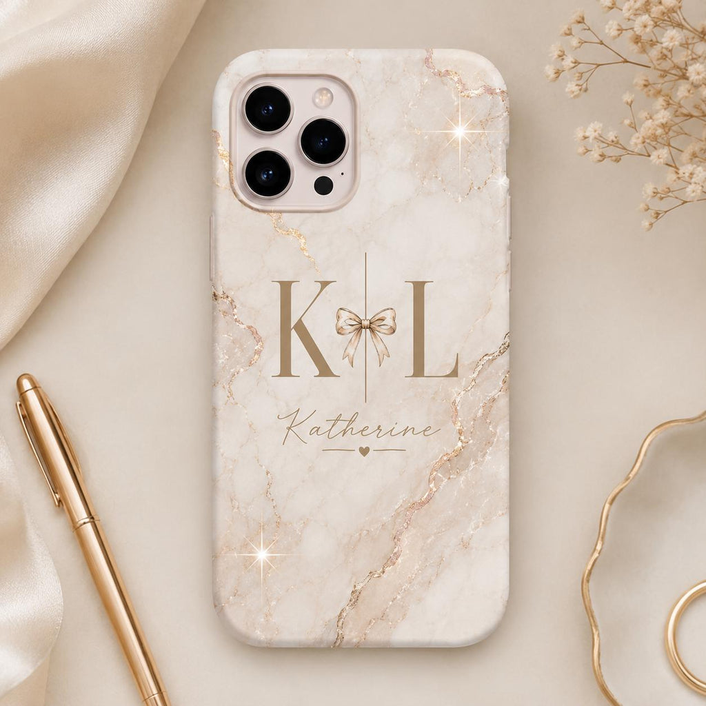Personalized Initial Phone Case, Custom Name Monogram Tough Case, Marble Bow Gift For Her