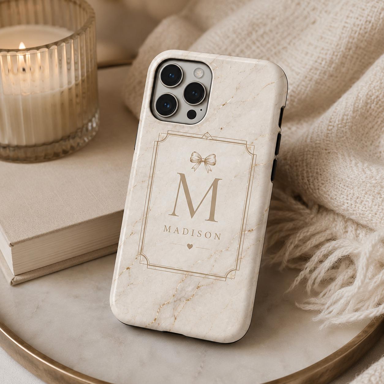Personalized Initial Phone Case, Custom Name Monogram Tough Case, Marble Bow Gift For Her
