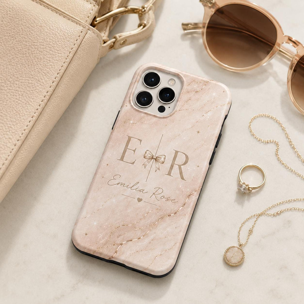 Personalized Initial Phone Case, Custom Name Monogram Tough Case, Marble Bow Gift For Her
