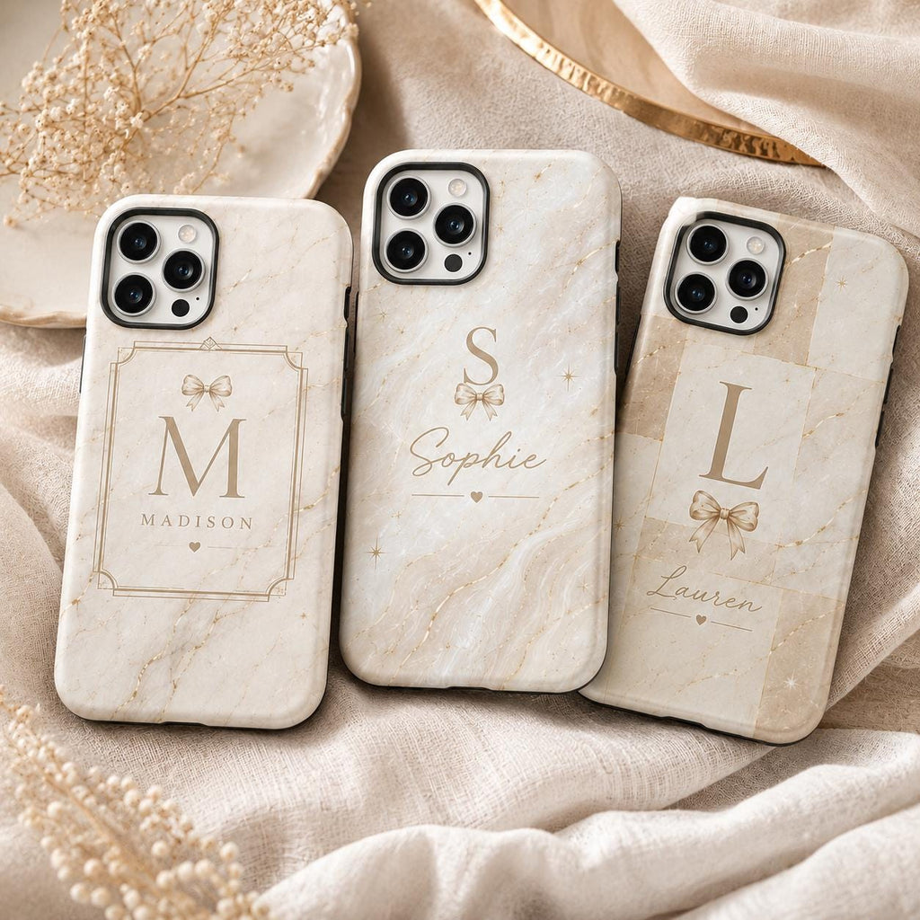 Personalized Initial Phone Case, Custom Name Monogram Tough Case, Marble Bow Gift For Her