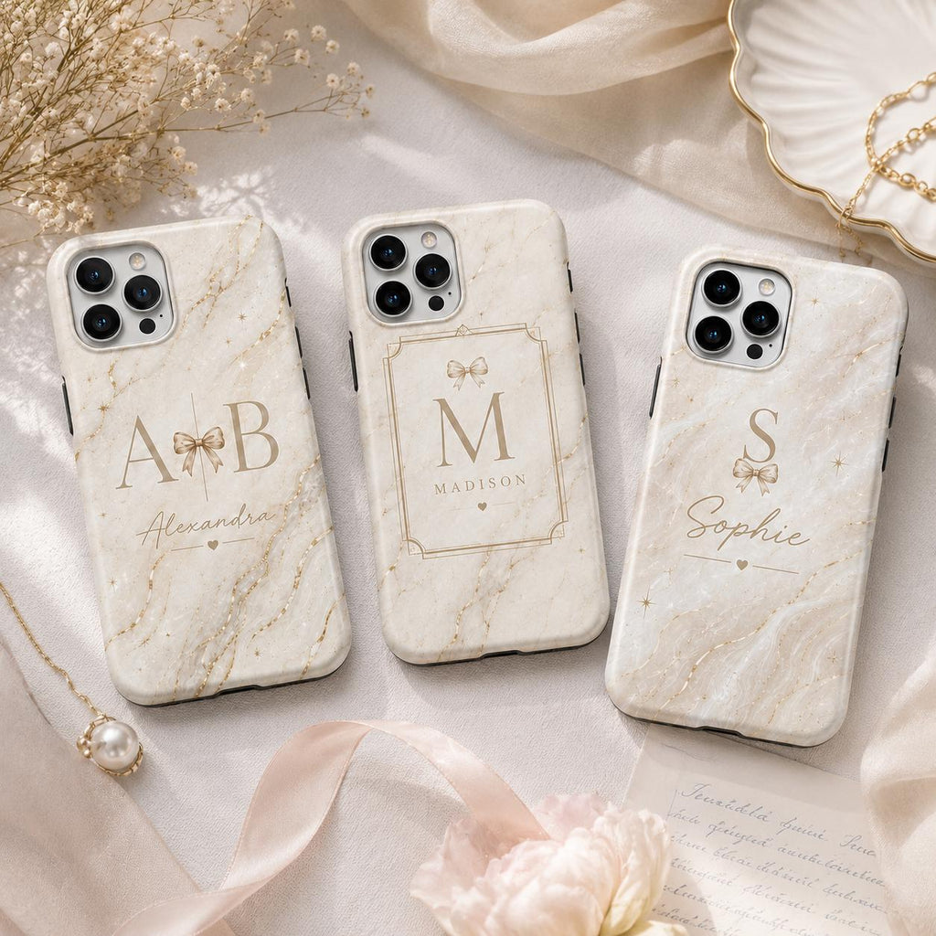 Personalized Initial Phone Case, Custom Name Monogram Tough Case, Marble Bow Gift For Her