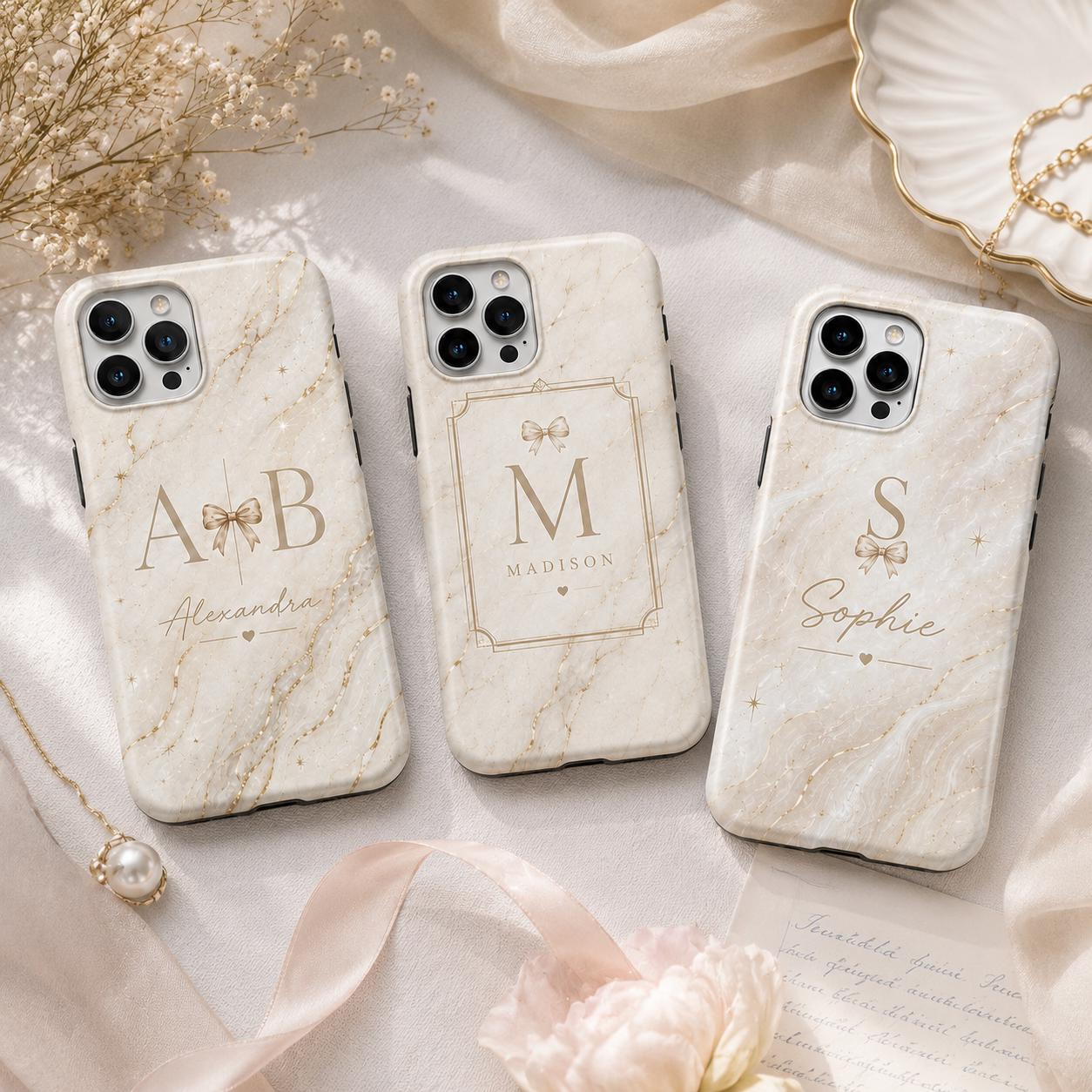 Personalized Initial Phone Case, Custom Name Monogram Tough Case, Marble Bow Gift For Her