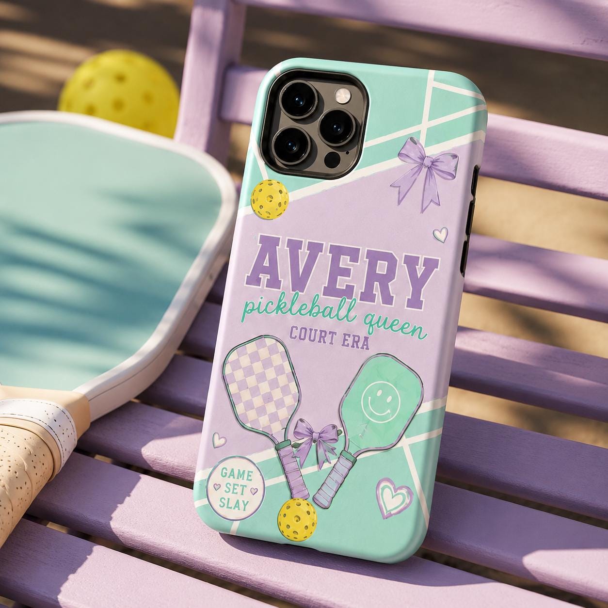 Personalized Pickleball Phone Case, Custom Name Tough Case, Court Era Queen