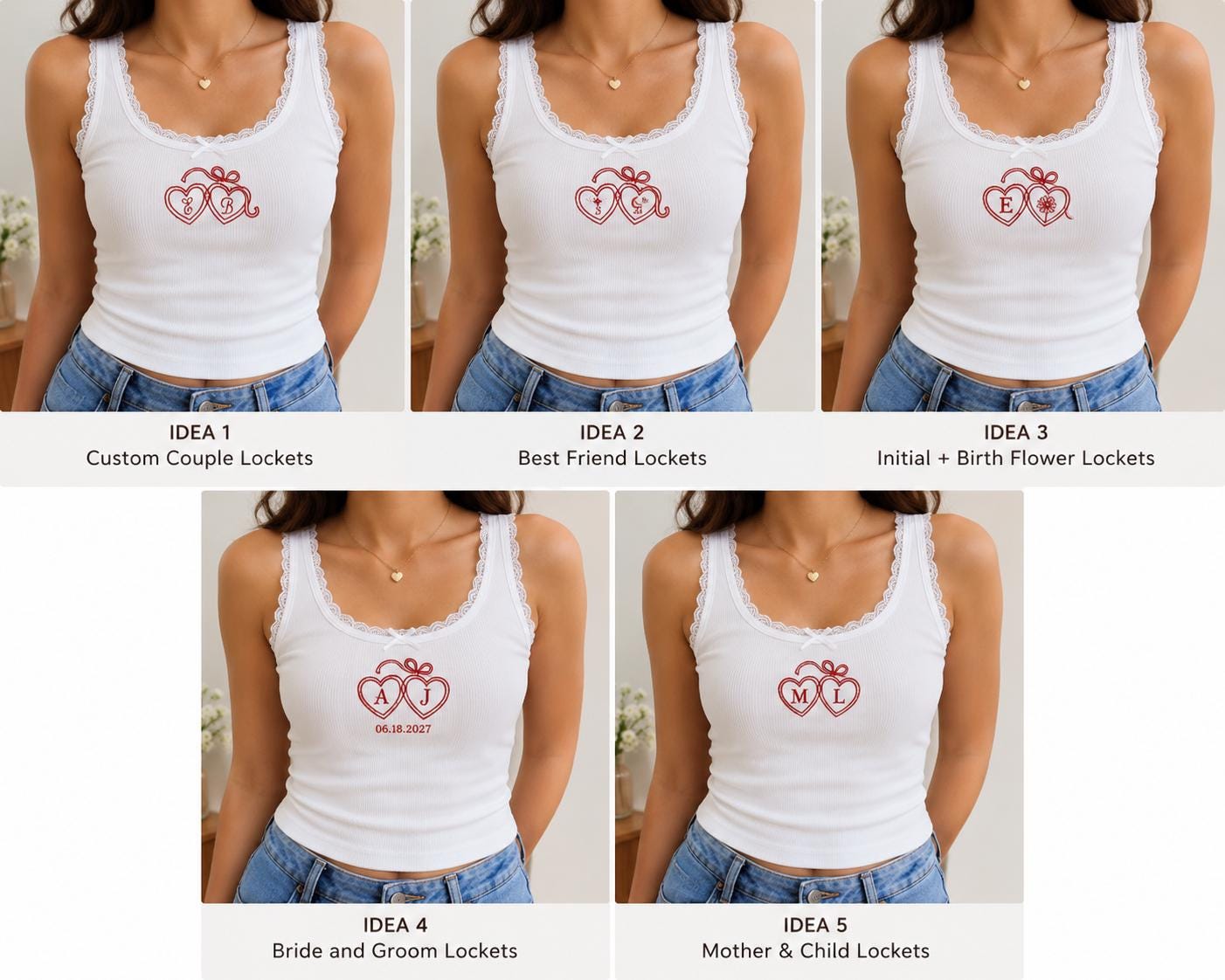 Custom Heart Locket Embroidered Tank Top, Personalized Initial Lace Cami, Couple Best Friend Bride Gift