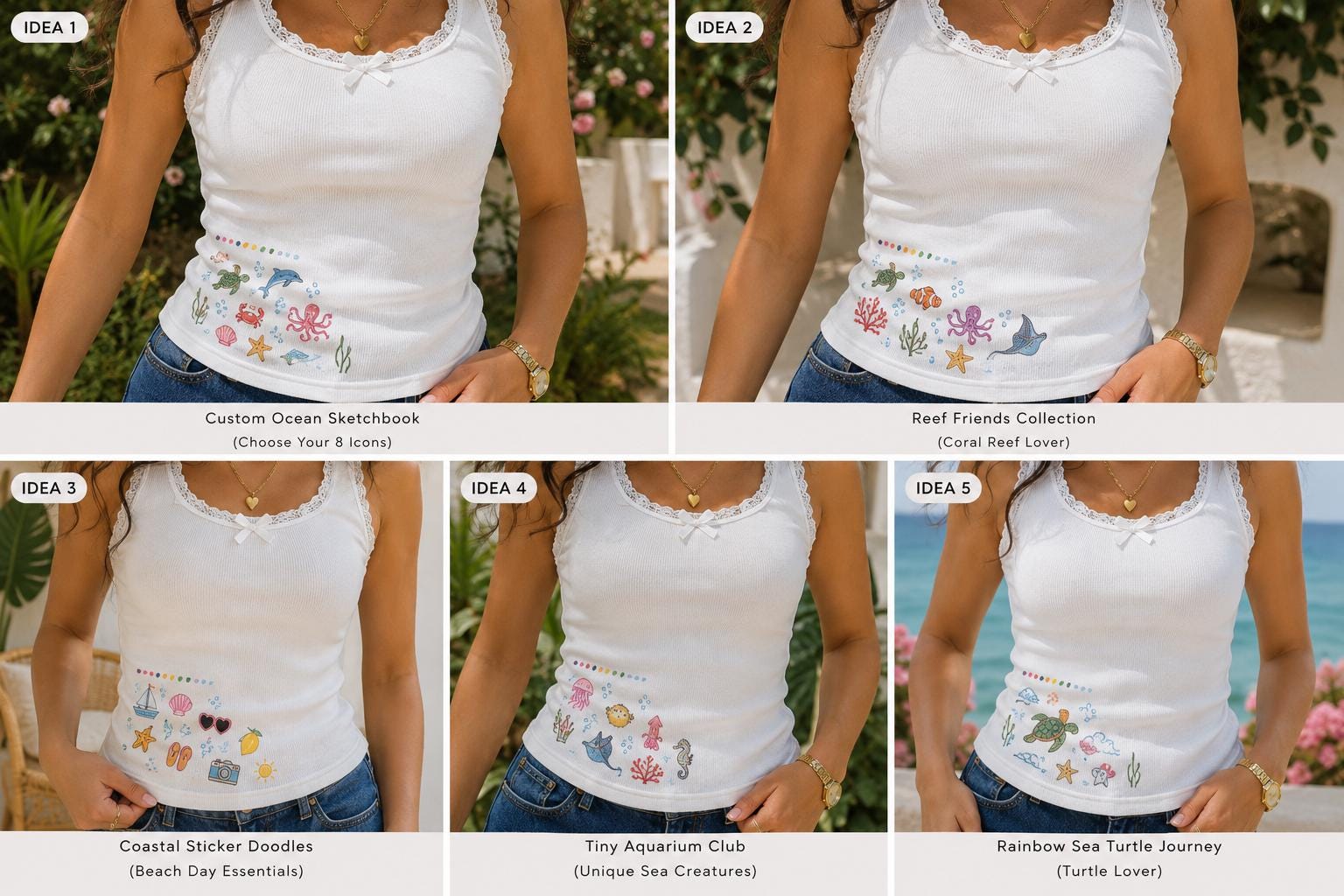 Custom Ocean Embroidered Tank Top, Personalized Sea Life Lace Cami, Beach Doodle Summer Shirt Gift