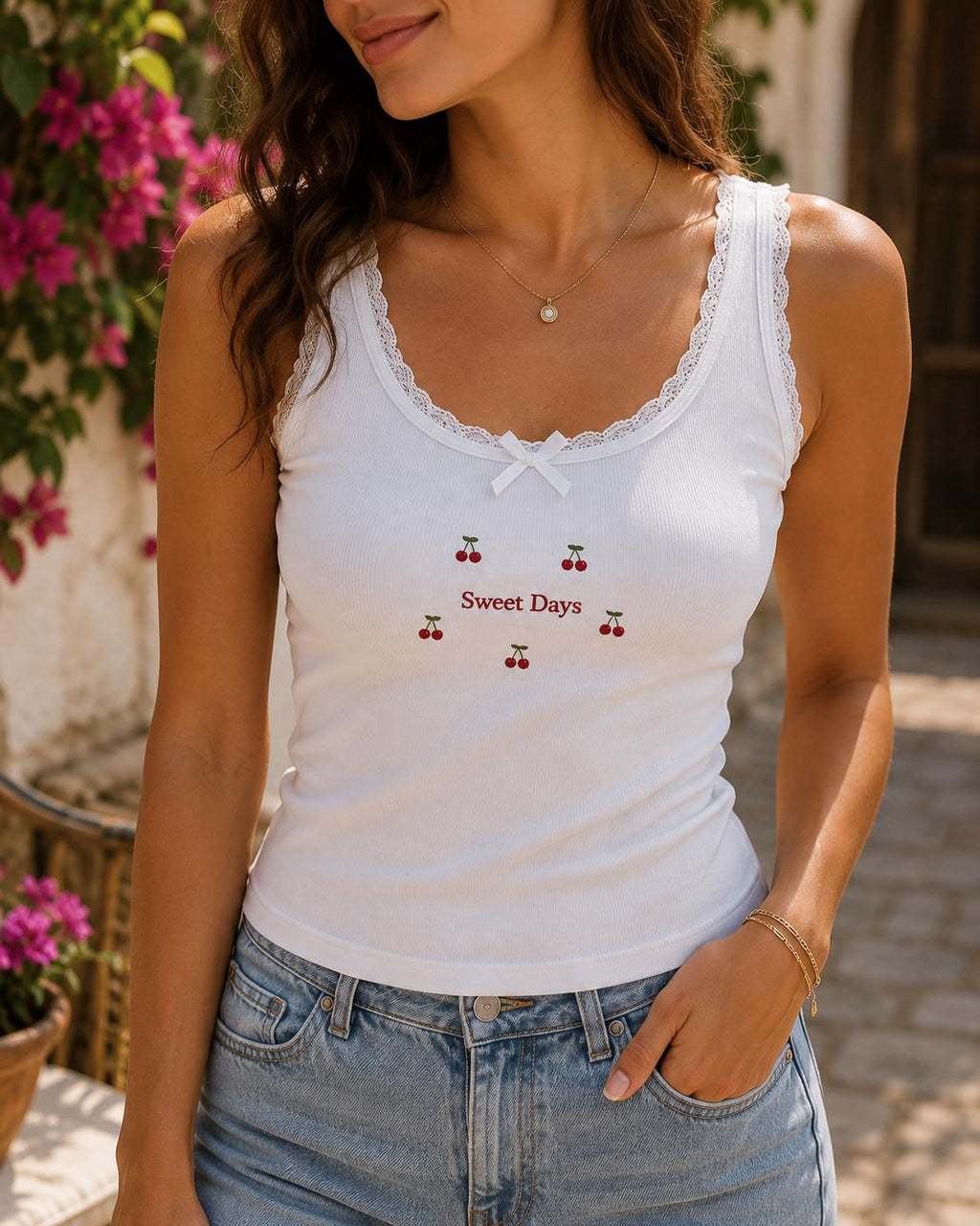 Custom Tiny Embroidered Tank Top, Personalized Lace Cami, Mini Heart Cherry Flower Shell Shirt Gift