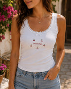 Custom Tiny Embroidered Tank Top, Personalized Lace Cami, Mini Heart Cherry Flower Shell Shirt Gift
