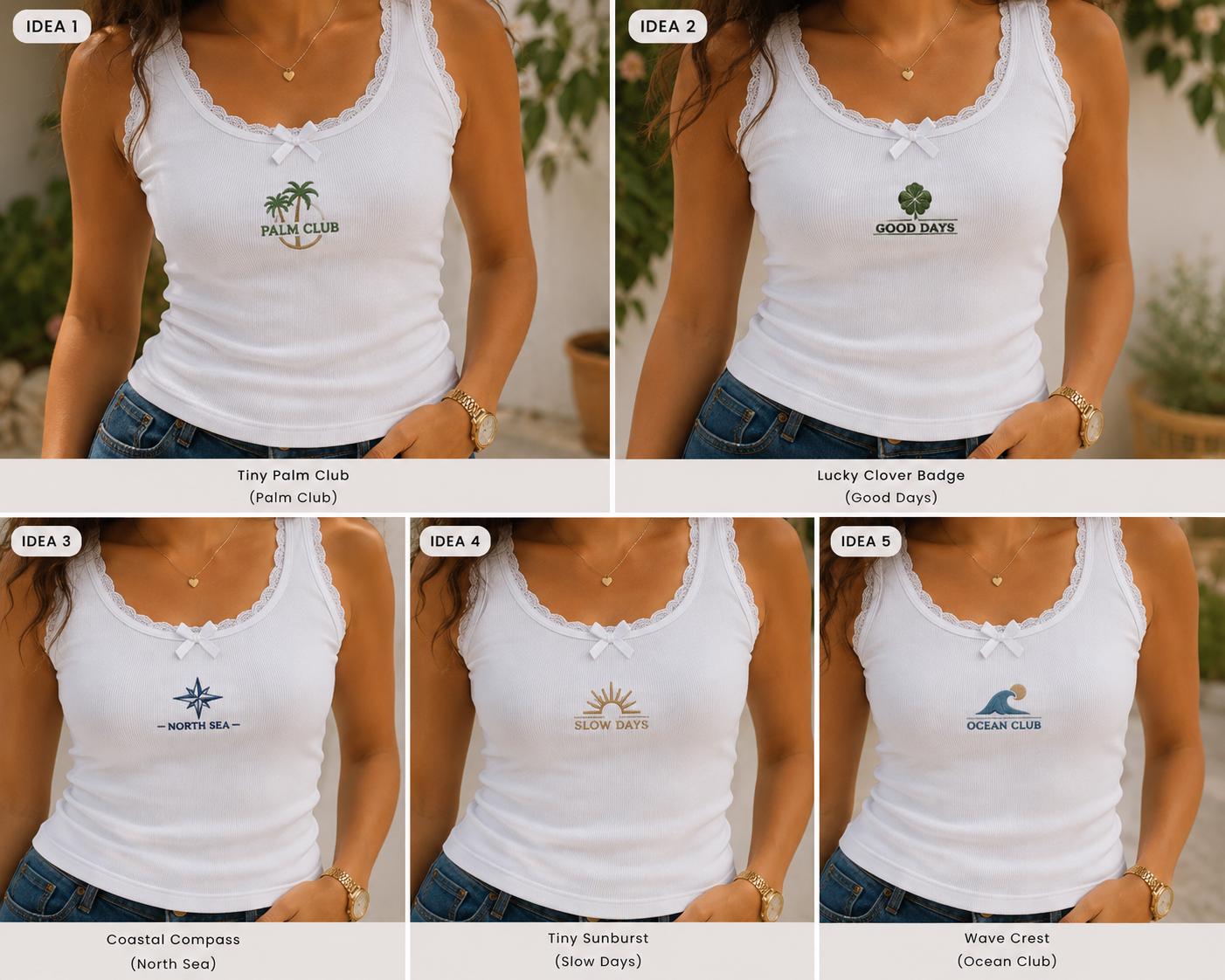 Custom Coastal Embroidered Tank Top, Personalized Beach Club Lace Cami, Tiny Palm Ocean Shirt Gift