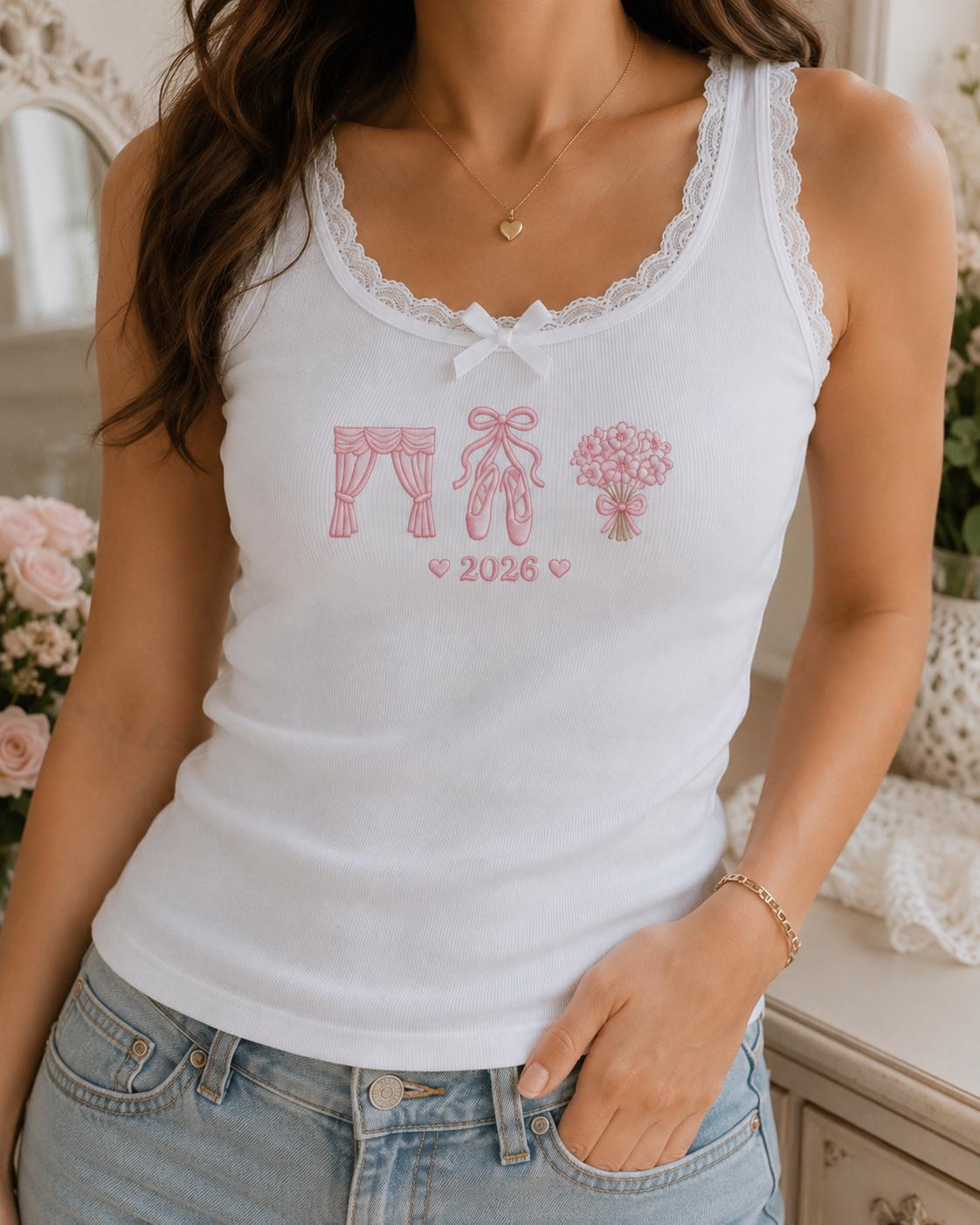 Custom Ballet Embroidered Tank Top, Personalized Dance Mom Lace Cami, Ballerina Tutu Initial Shirt Gif