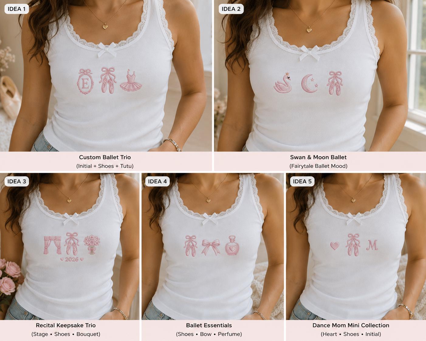 Custom Ballet Embroidered Tank Top, Personalized Dance Mom Lace Cami, Ballerina Tutu Initial Shirt Gif