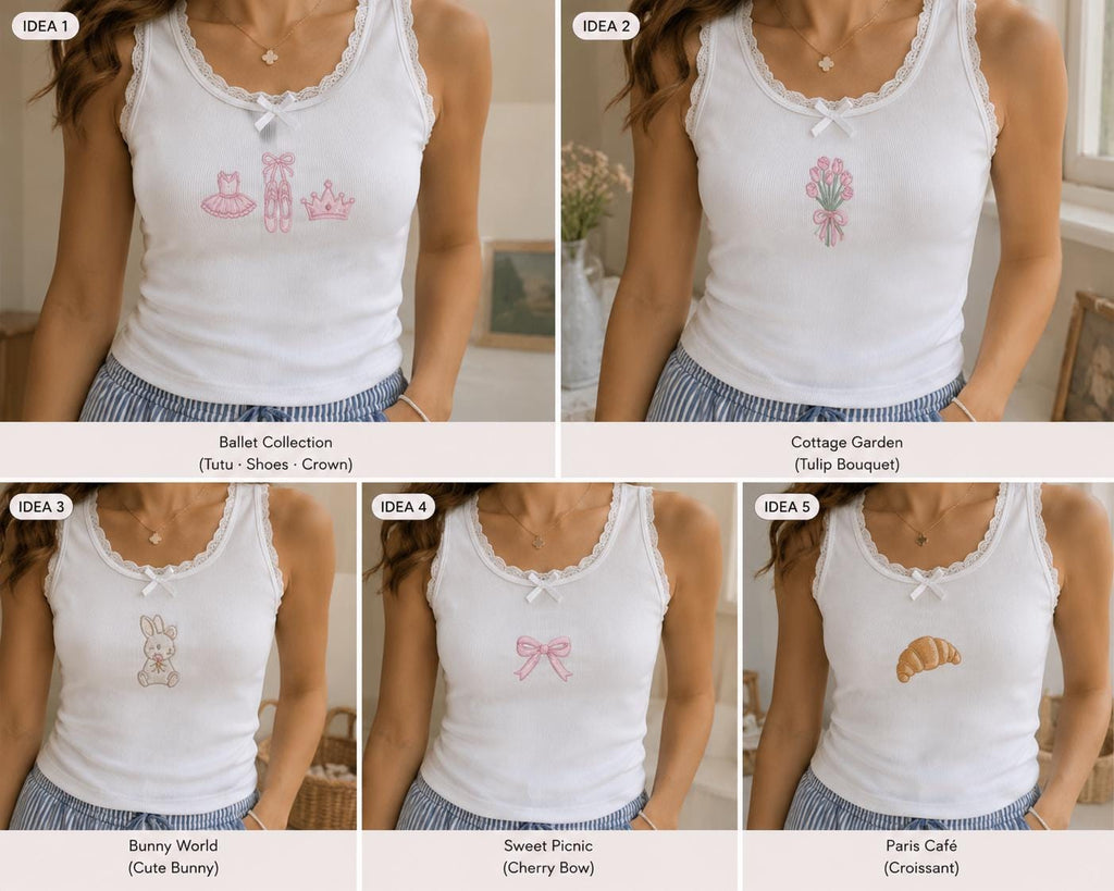 Custom Cute Embroidered Tank Top, Personalized Lace Cami, Ballet Bunny Bow Croissant Shirt Gift For Her