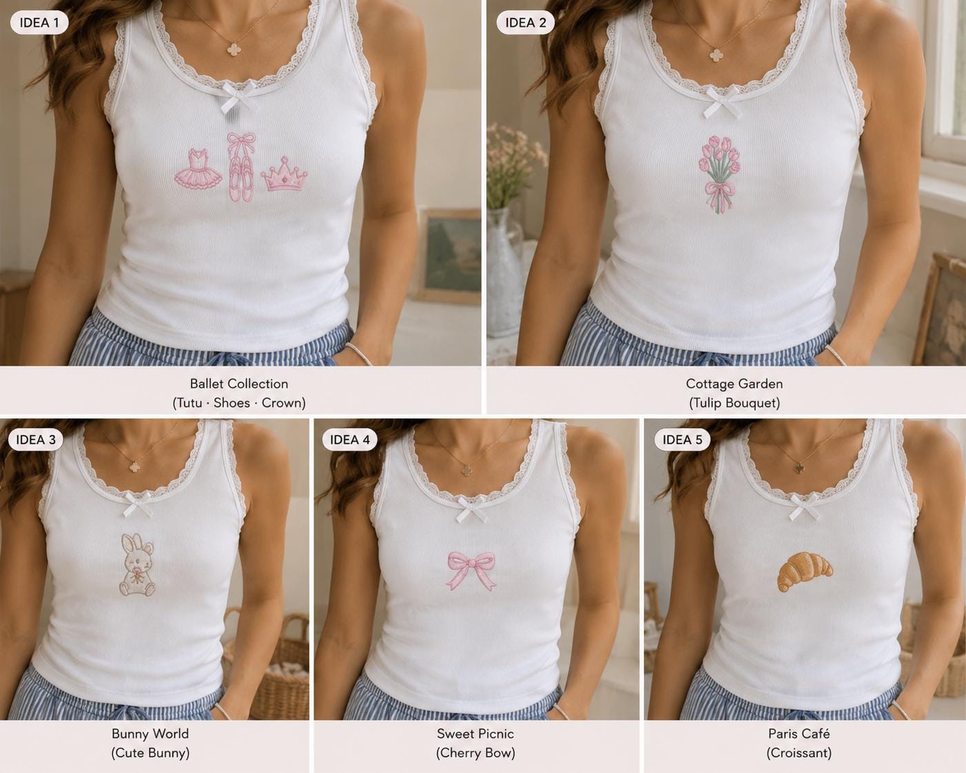 Custom Cute Embroidered Tank Top, Personalized Lace Cami, Ballet Bunny Bow Croissant Shirt Gift For Her