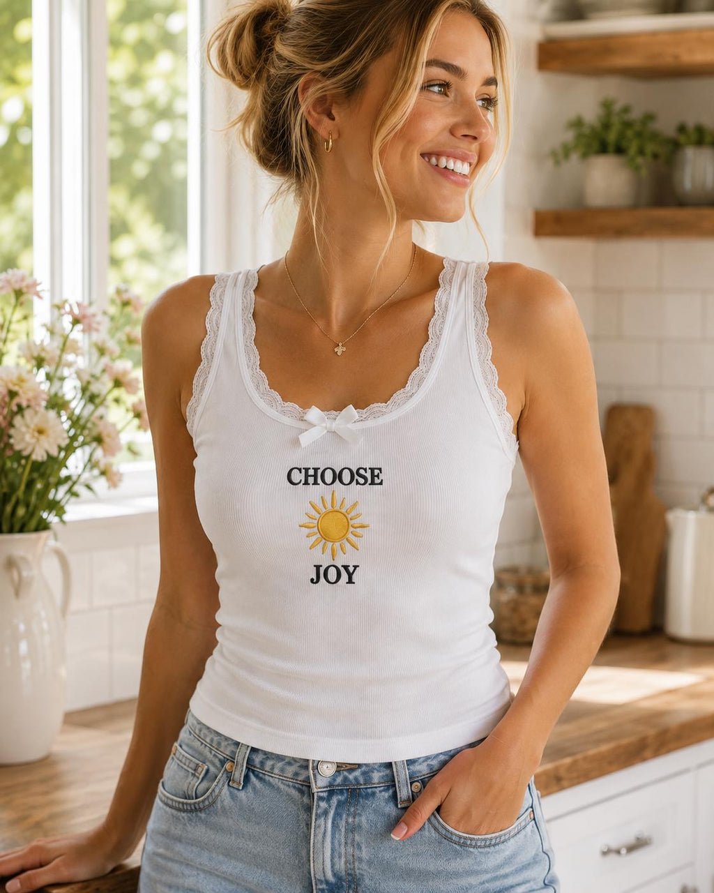 Custom Positive Quote Embroidered Tank Top, Personalized Lace Cami, Heart Tulip Sun Bow Clover Shirt Gift