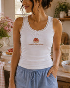 Custom Cafe Embroidered Tank Top, Personalized Bakery Lace Cami, Coffee Croissant Cupcake Shirt Gift For Her