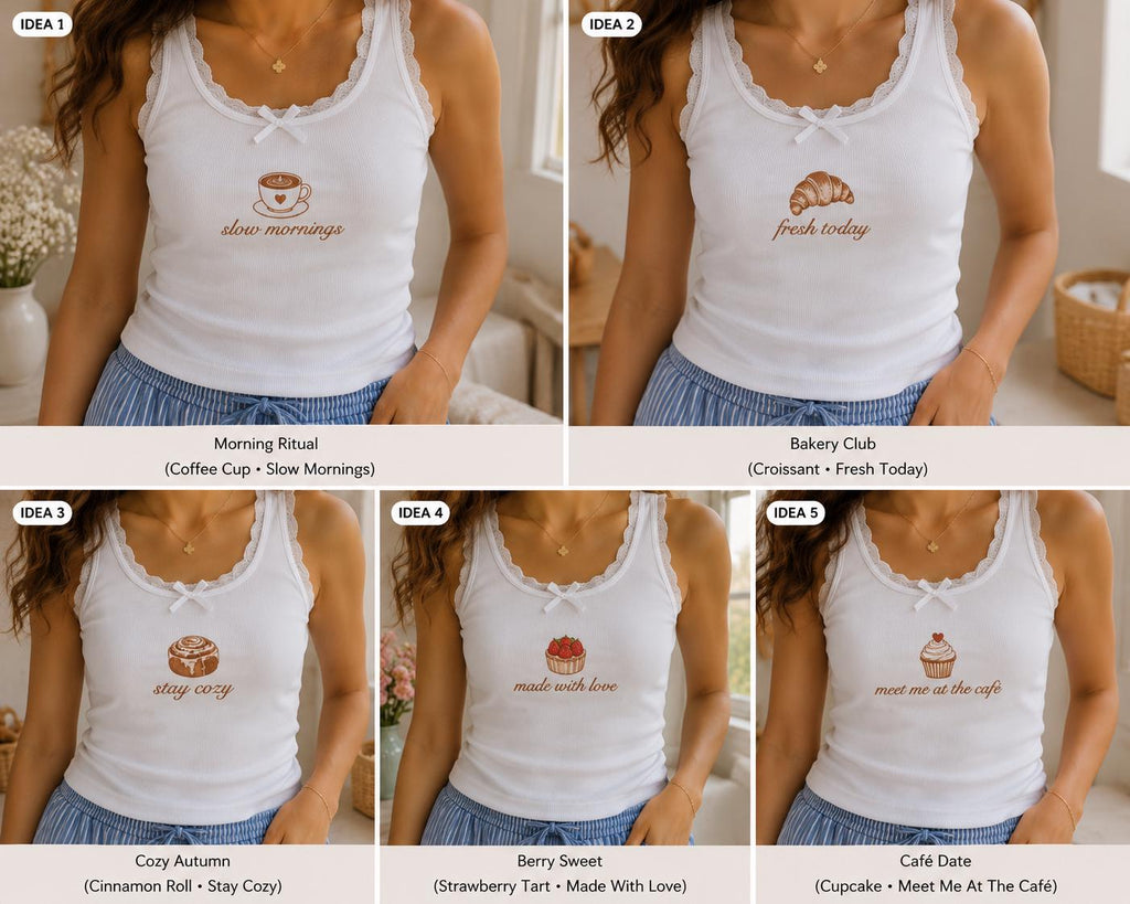Custom Cafe Embroidered Tank Top, Personalized Bakery Lace Cami, Coffee Croissant Cupcake Shirt Gift For Her