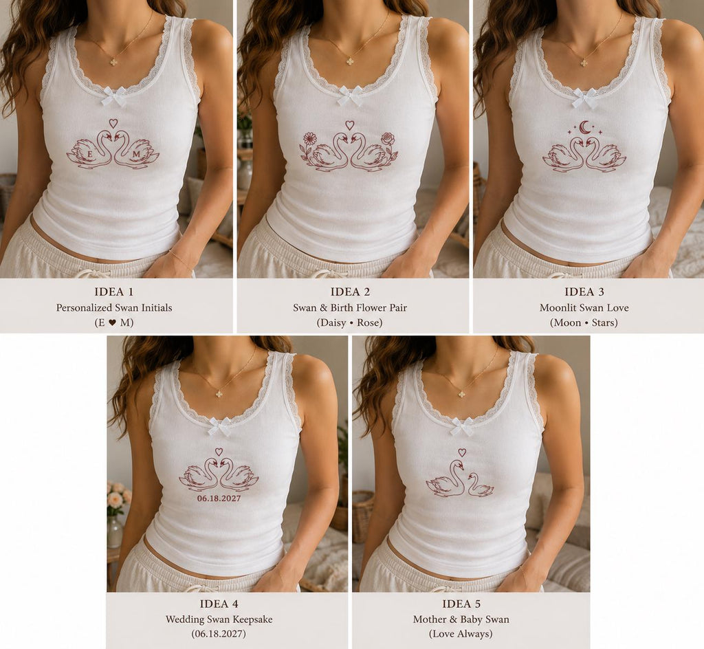 Custom Swan Embroidered Tank Top, Personalized Lace Cami, Wedding Date Initial Shirt, Mother Baby Gift