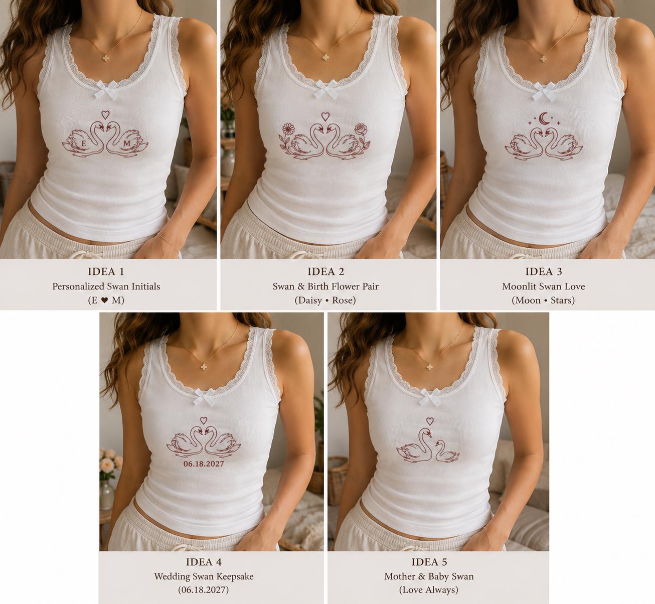 Custom Swan Embroidered Tank Top, Personalized Lace Cami, Wedding Date Initial Shirt, Mother Baby Gift