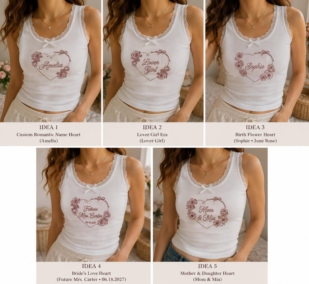 Custom Heart Embroidered Tank Top, Personalized Lace Cami, Bride Mother Daughter Gift, Romantic Name Shirt