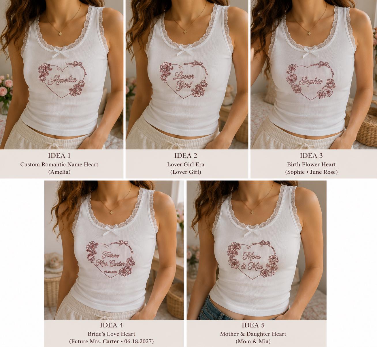 Custom Heart Embroidered Tank Top, Personalized Lace Cami, Bride Mother Daughter Gift, Romantic Name Shirt