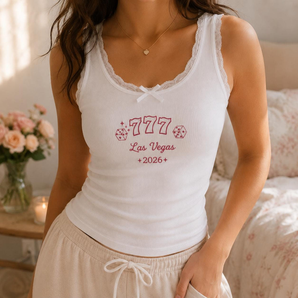 Custom Lucky Number Embroidered Tank Top, Personalized 777 Lace Cami, Vegas Trip Shirt Gift For Her