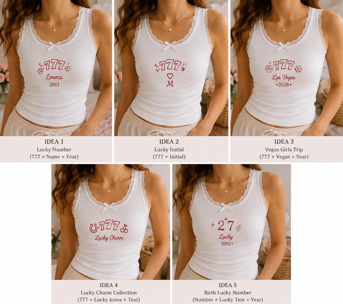 Custom Lucky Number Embroidered Tank Top, Personalized 777 Lace Cami, Vegas Trip Shirt Gift For Her