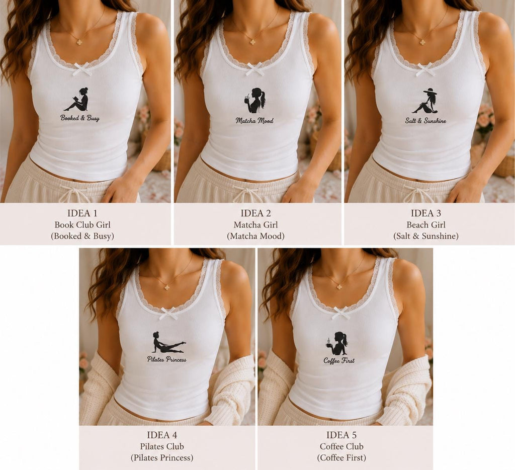 Custom Girl Hobby Embroidered Tank Top, Personalized Lace Cami, Book Matcha Pilates Coffee Beach Shirt Gift