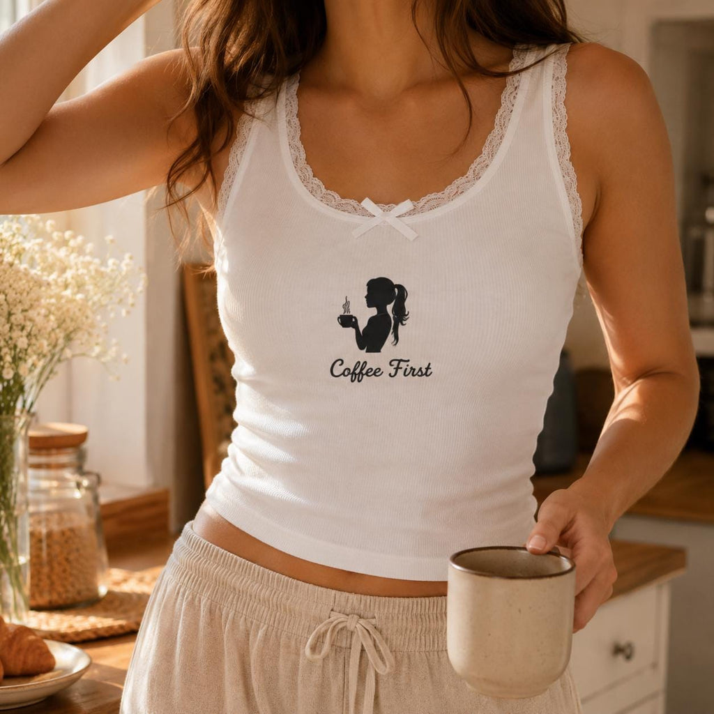 Custom Girl Hobby Embroidered Tank Top, Personalized Lace Cami, Book Matcha Pilates Coffee Beach Shirt Gift