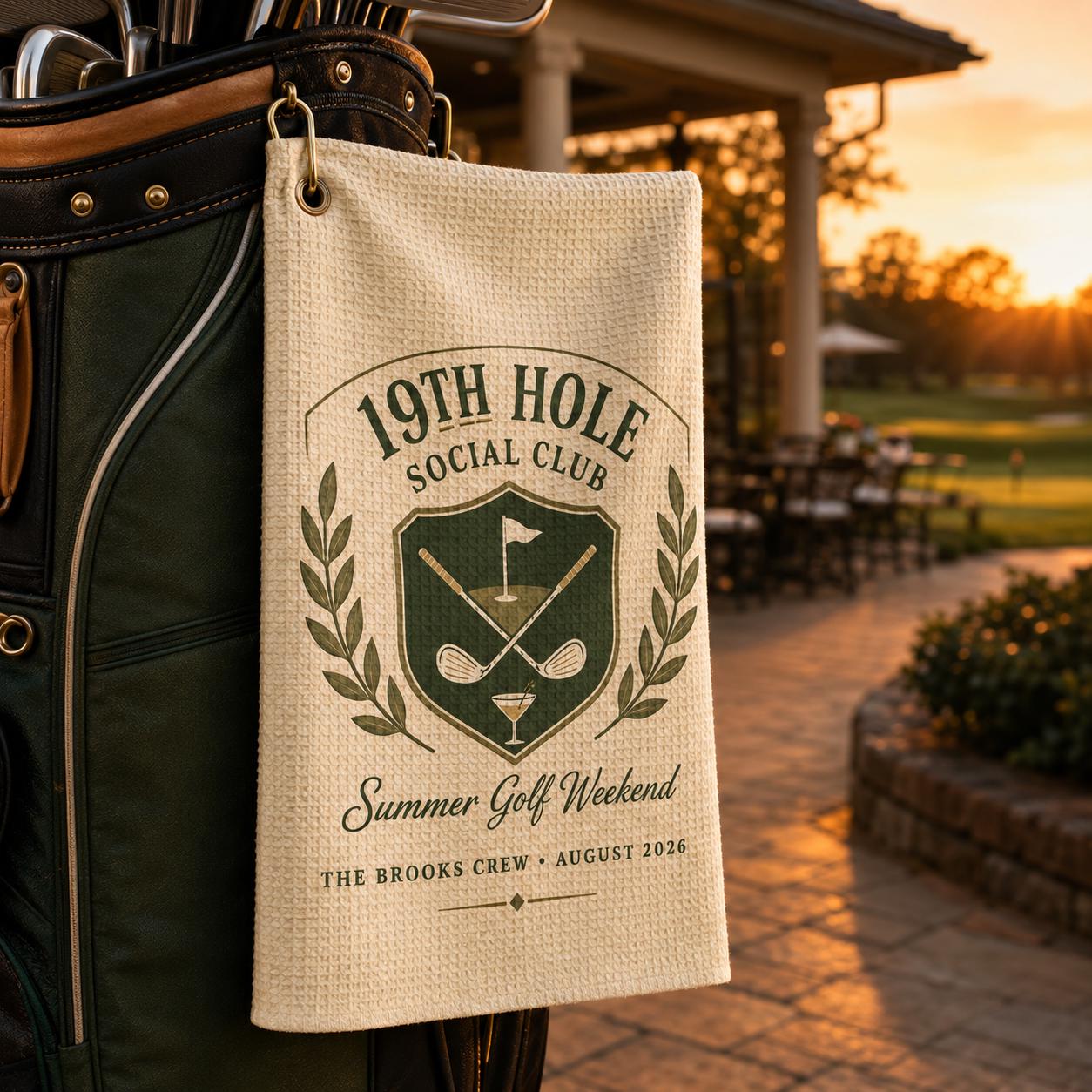 19th Hole Social Club Golf Towel, Personalized Golf Weekend | Xuvoria