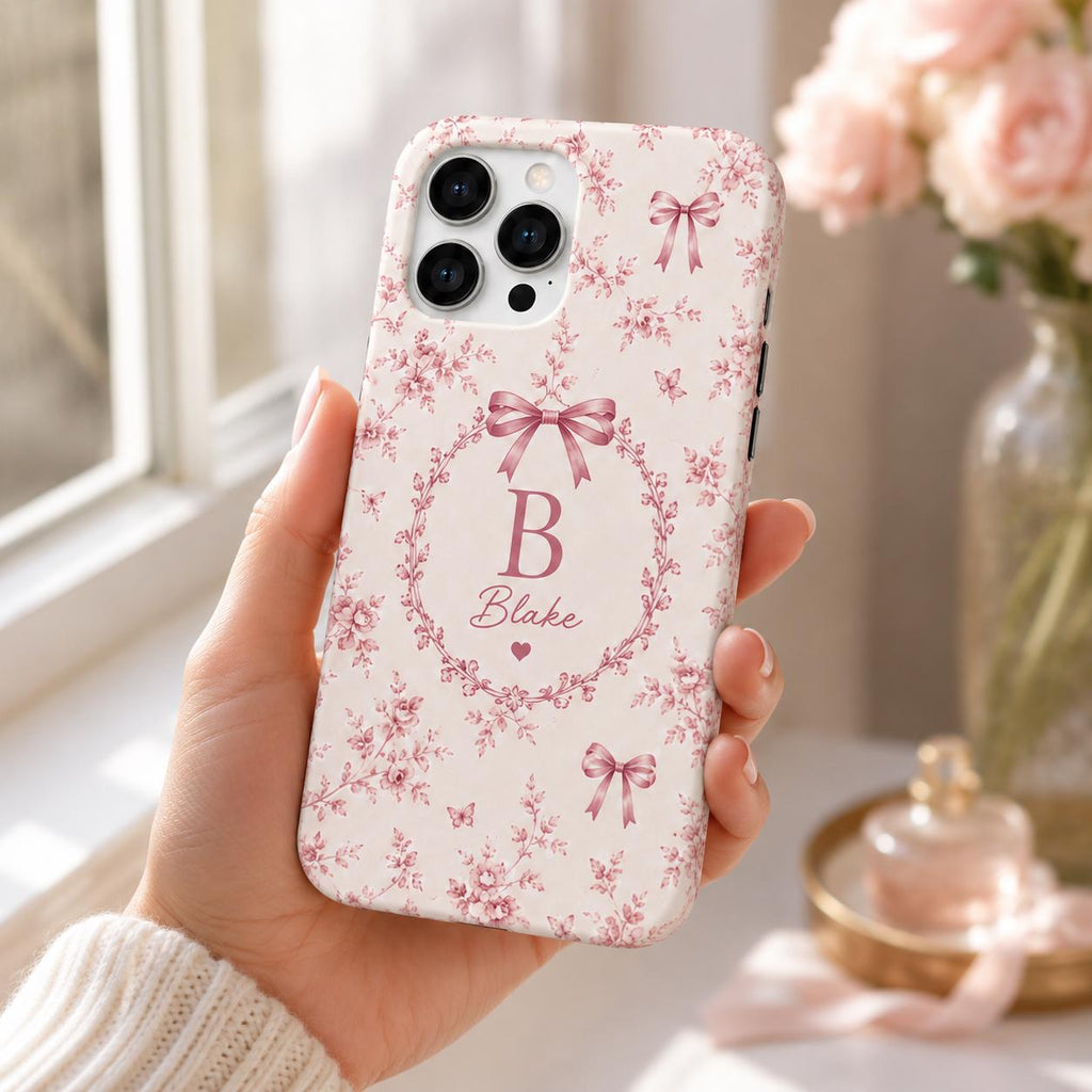 Personalized Bow Initial Phone Case, Custom Name Monogram Tough Case, Coquette Gift For Her