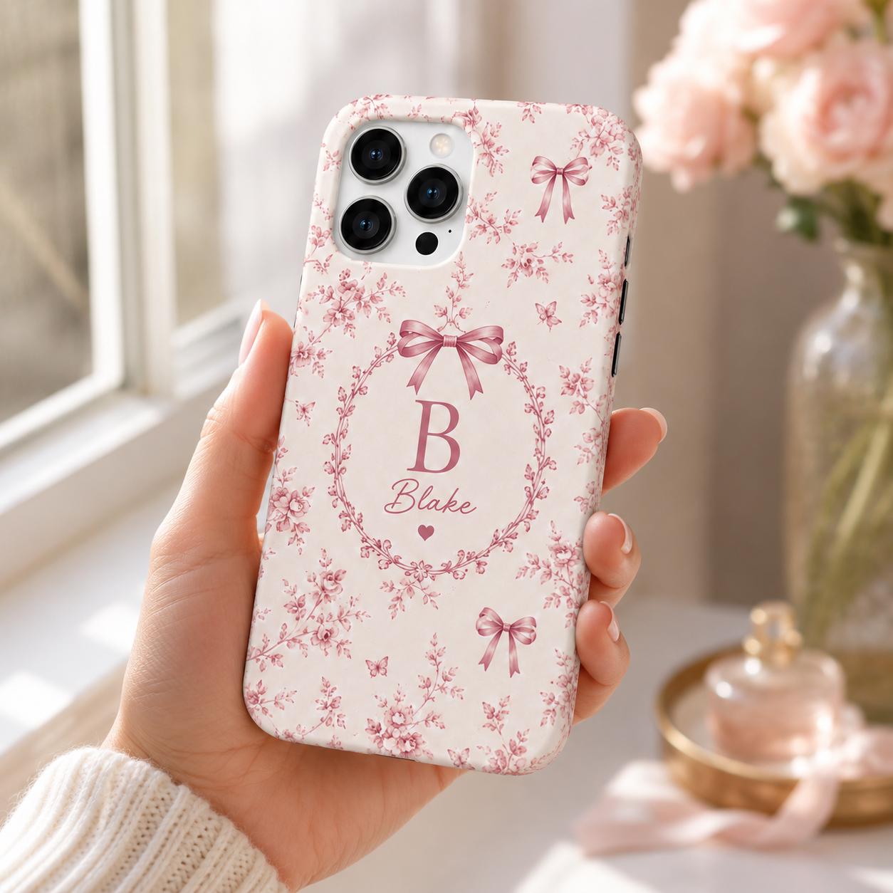 Personalized Bow Initial Phone Case, Custom Name Monogram Tough Case, Coquette Gift For Her