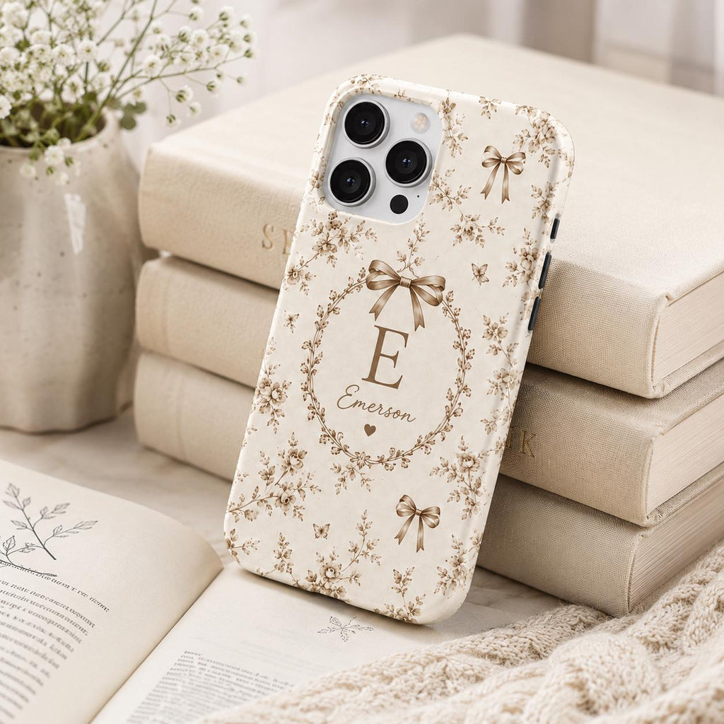 Personalized Bow Initial Phone Case, Custom Name Monogram Tough Case, Coquette Gift For Her