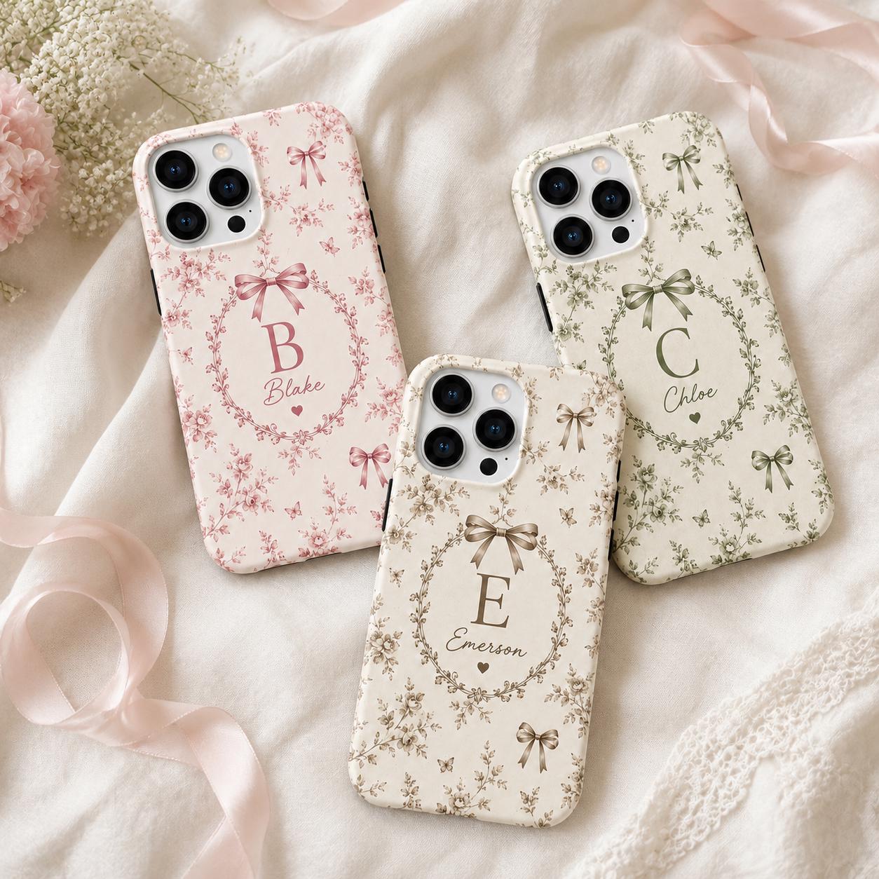 Personalized Bow Initial Phone Case, Custom Name Monogram Tough Case, Coquette Gift For Her