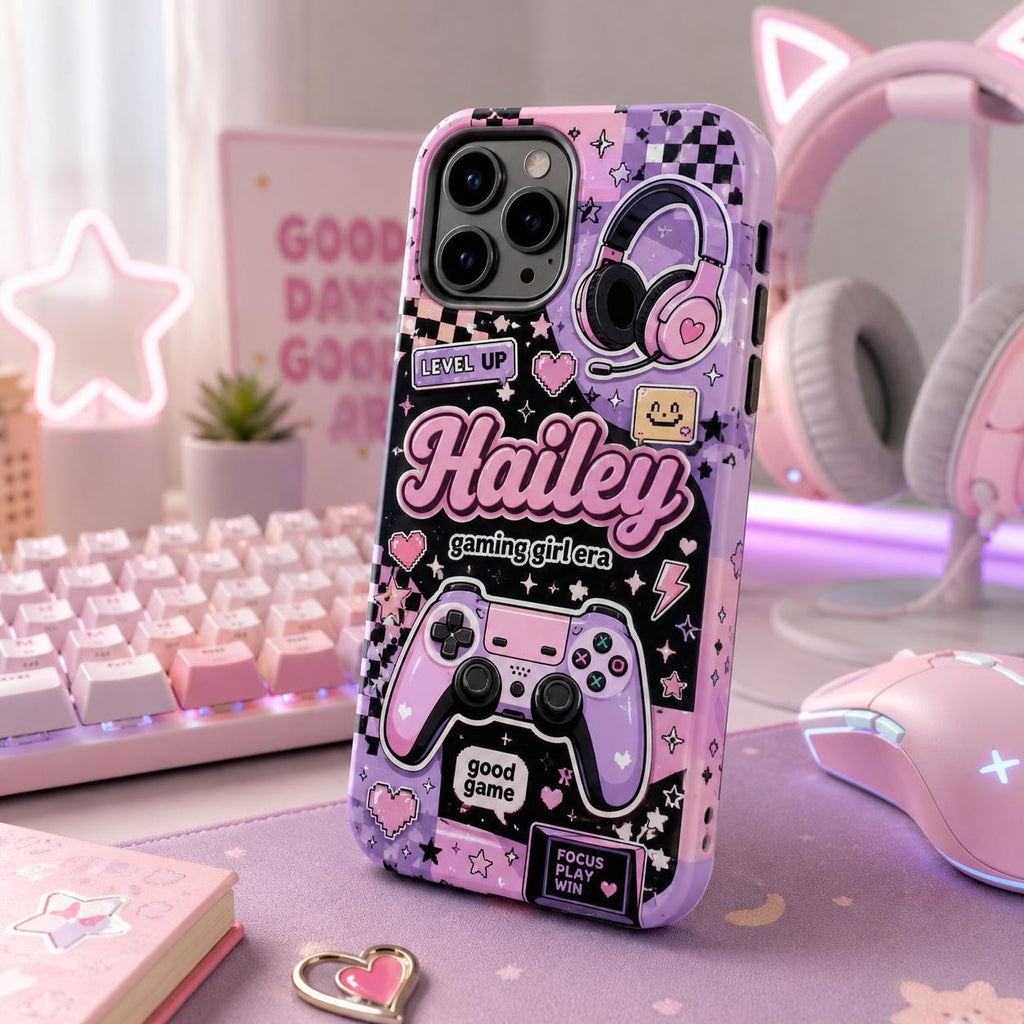Personalized Gaming Phone Case, Custom Name Gamer Girl Tough, Pink Purple Gift