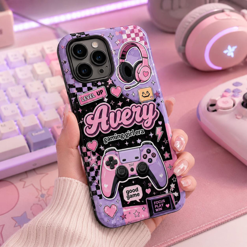 Personalized Gaming Phone Case, Custom Name Gamer Girl Tough, Pink Purple Gift