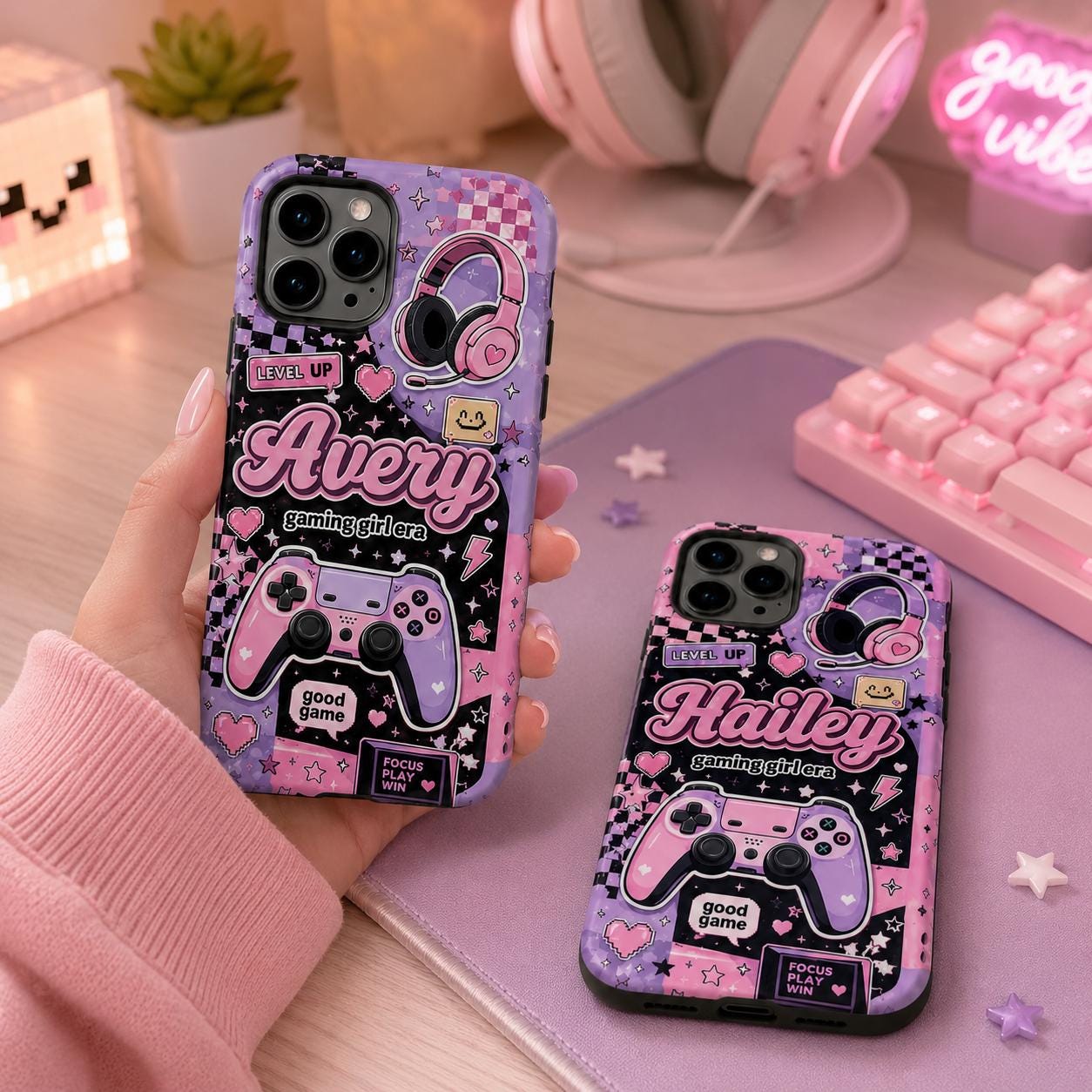 Personalized Gaming Phone Case, Custom Name Gamer Girl Tough, Pink Purple Gift