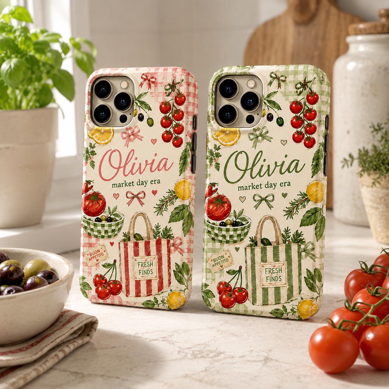 Personalized Market Day Phone Case, Custom Name Tough Case, Italian Summer Tomato Cafe Gift