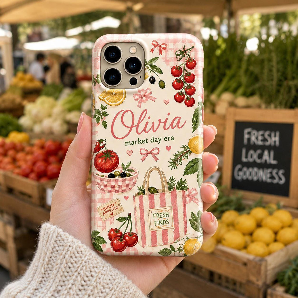 Personalized Market Day Phone Case, Custom Name Tough Case, Italian Summer Tomato Cafe Gift