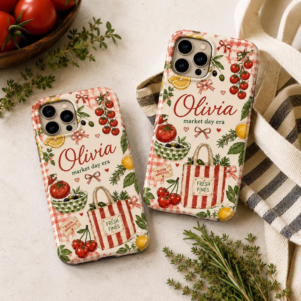 Personalized Market Day Phone Case, Custom Name Tough Case, Italian Summer Tomato Cafe Gift