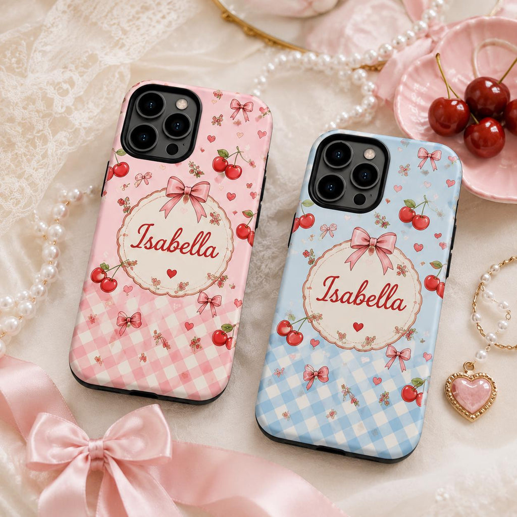 Personalized Cherry Phone Case, Custom Name Coquette Tough Case