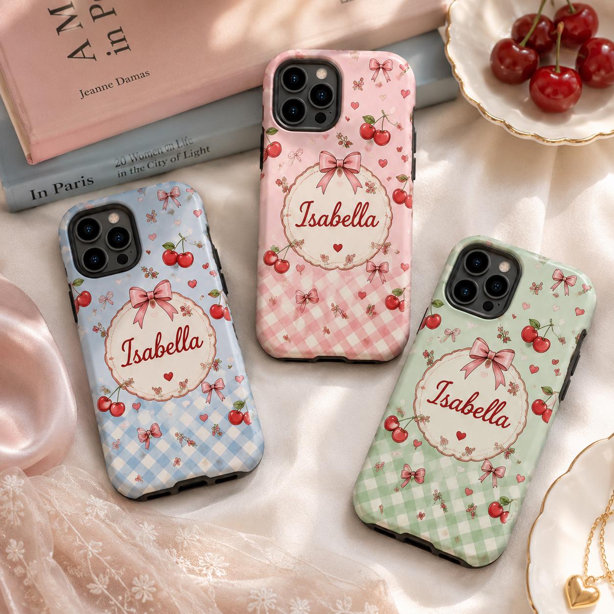 Personalized Cherry Phone Case, Custom Name Coquette Tough Case